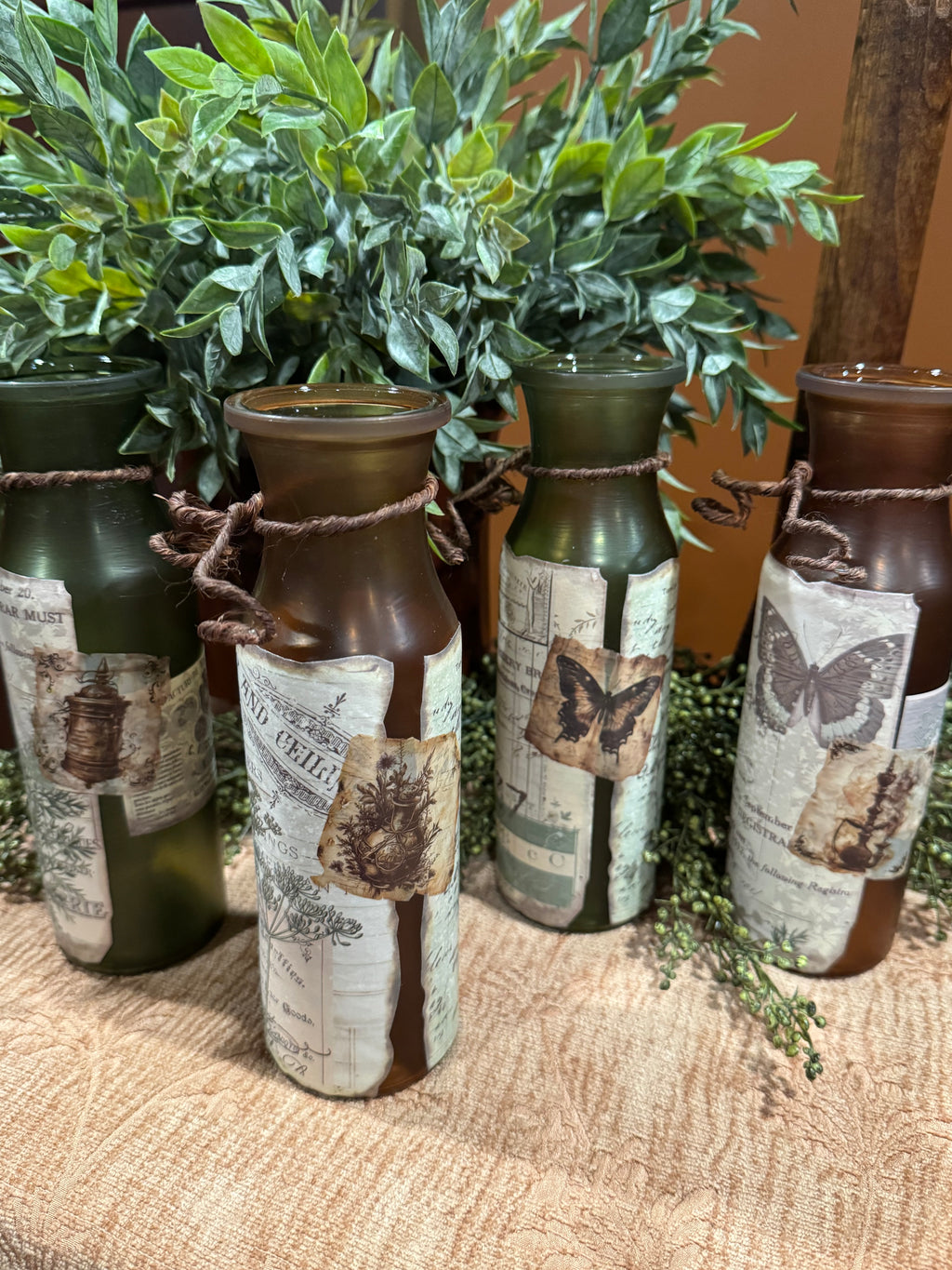 Vintage Glass bottles in Amber and Green | Apothecary Botanical Decor | Kitchen Window