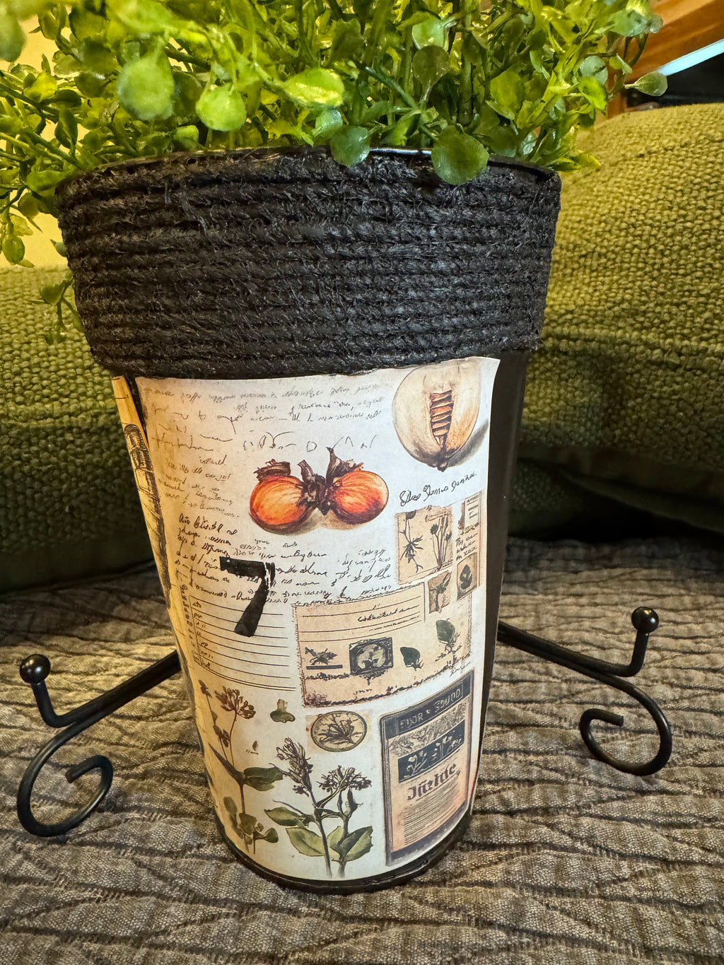Galvanized Planter with Vintage Ephemera | Rustic Botanical Decor