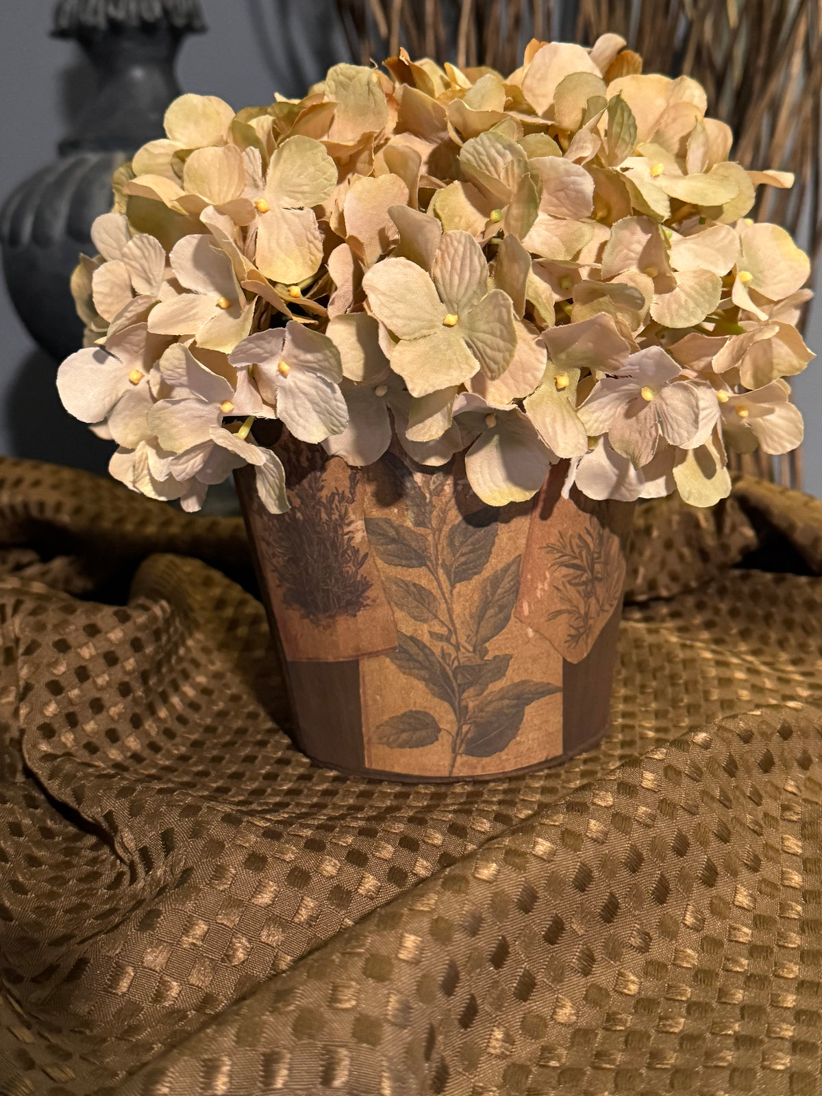Faux Hydrangea Arrangement in Slotted Wood Pot | Cottagecore Home Decor