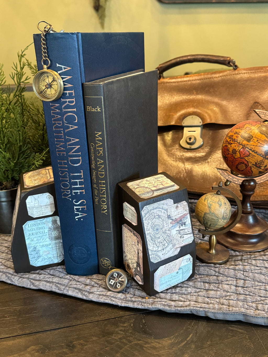 Vintage Travel Bookends | Wanderlust Shelf Decor | Solid Wood | Set of 2