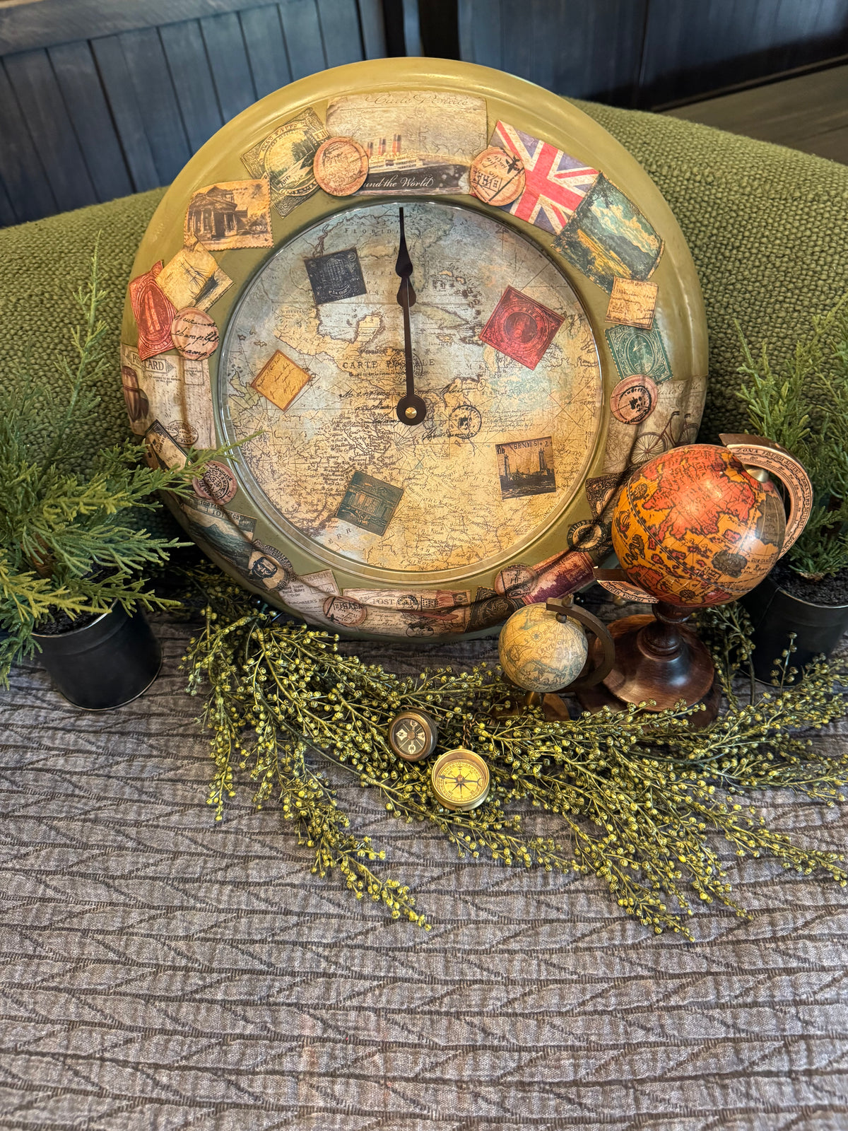 Travel Stamp Wall Clock | Working Clock | Rustic Wanderlust Decor