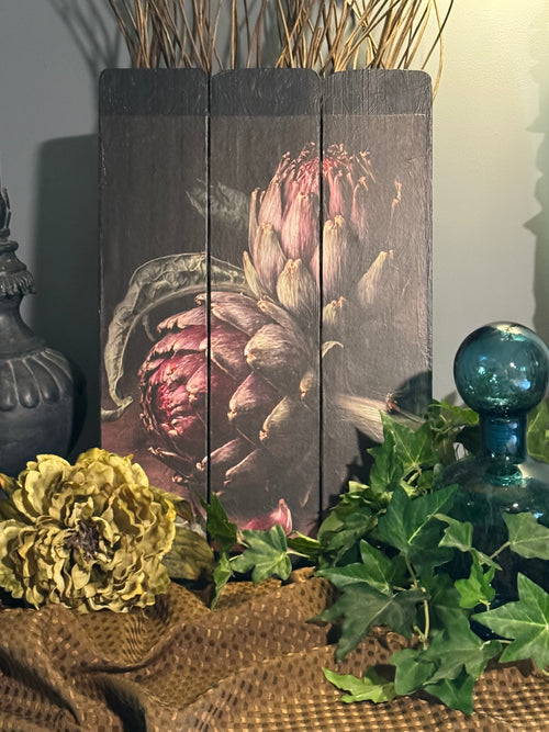Artichoke Canvas Wall Art on Salvage Wood | Dark Moody Home Decor