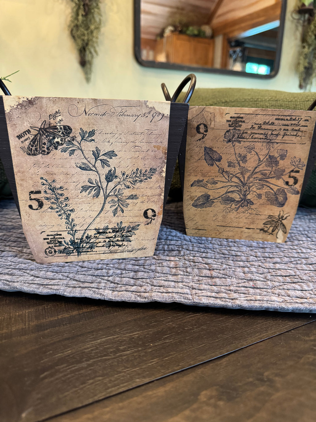 Vintage Wood Box Planters with Nostalgic Paper | Rustic Decor | Set of 2