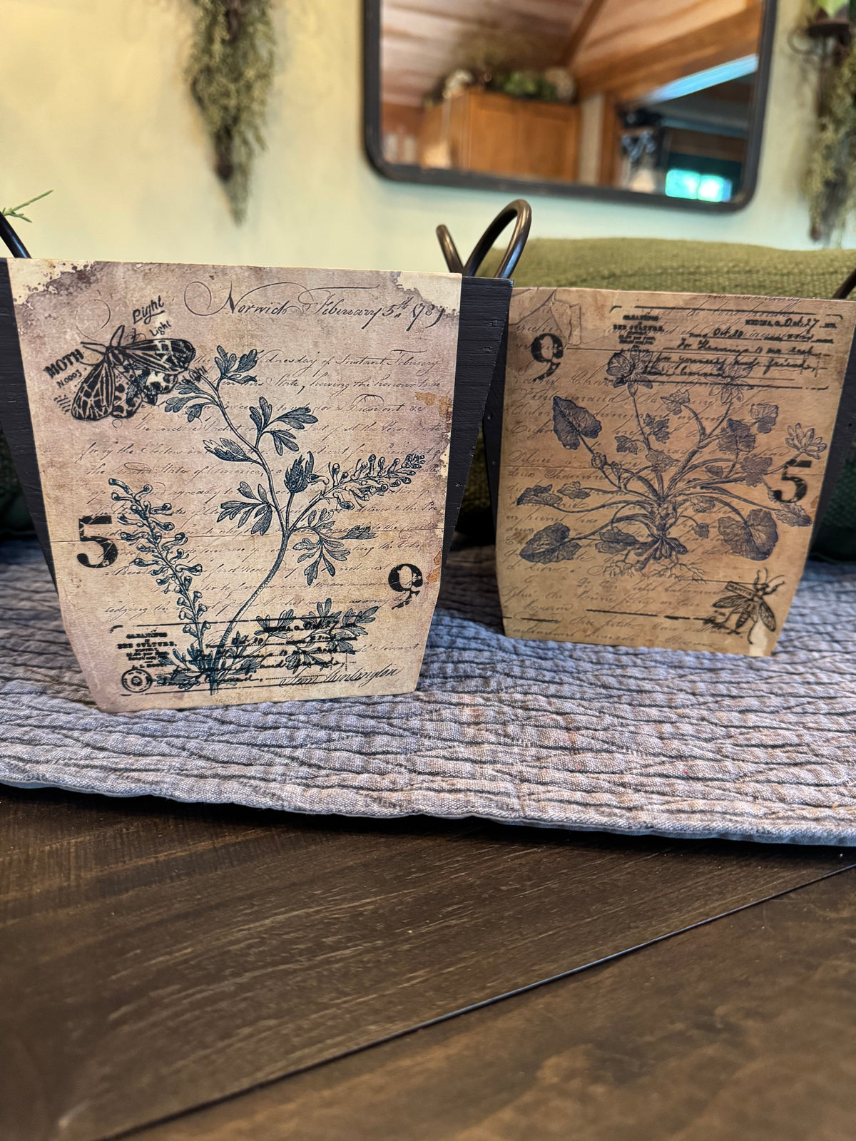 Vintage Wood Box Planters with Nostalgic Paper | Rustic Decor | Set of 2
