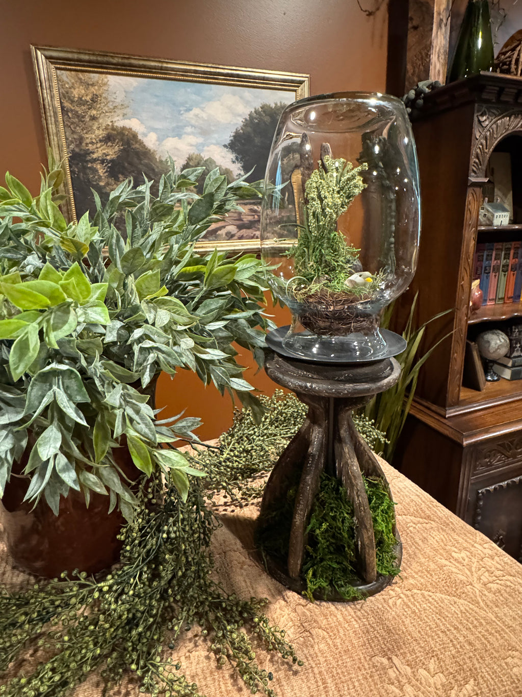 Bird Nest in Glass Dome on Pillar Candle Base | Dark Cottagecore Decor