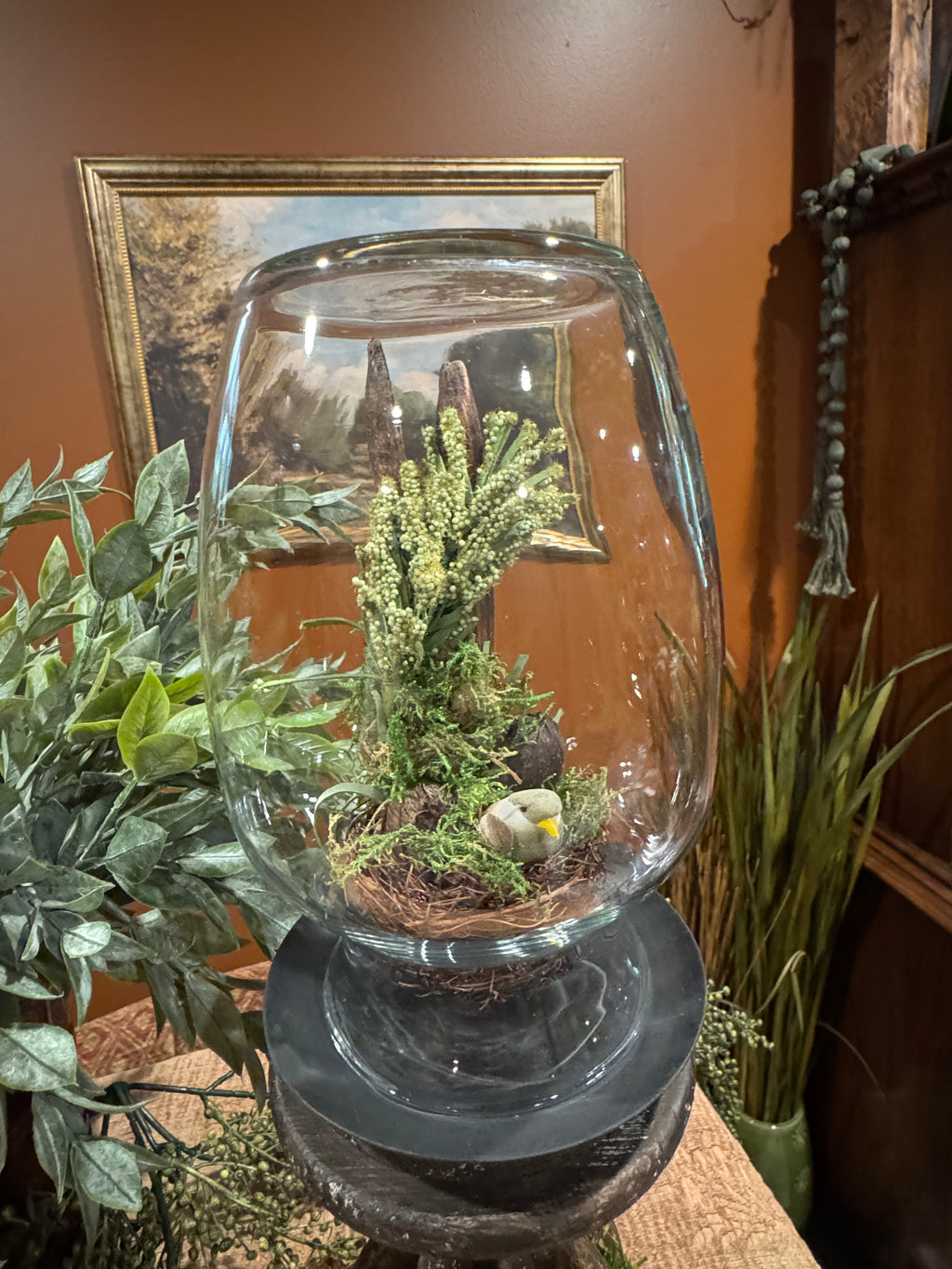 Bird Nest in Glass Dome on Pillar Candle Base | Dark Cottagecore Decor