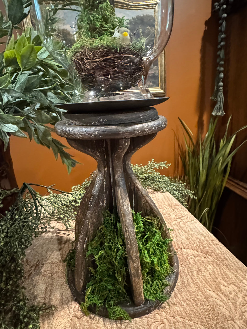 Bird Nest in Glass Dome on Pillar Candle Base | Dark Cottagecore Decor