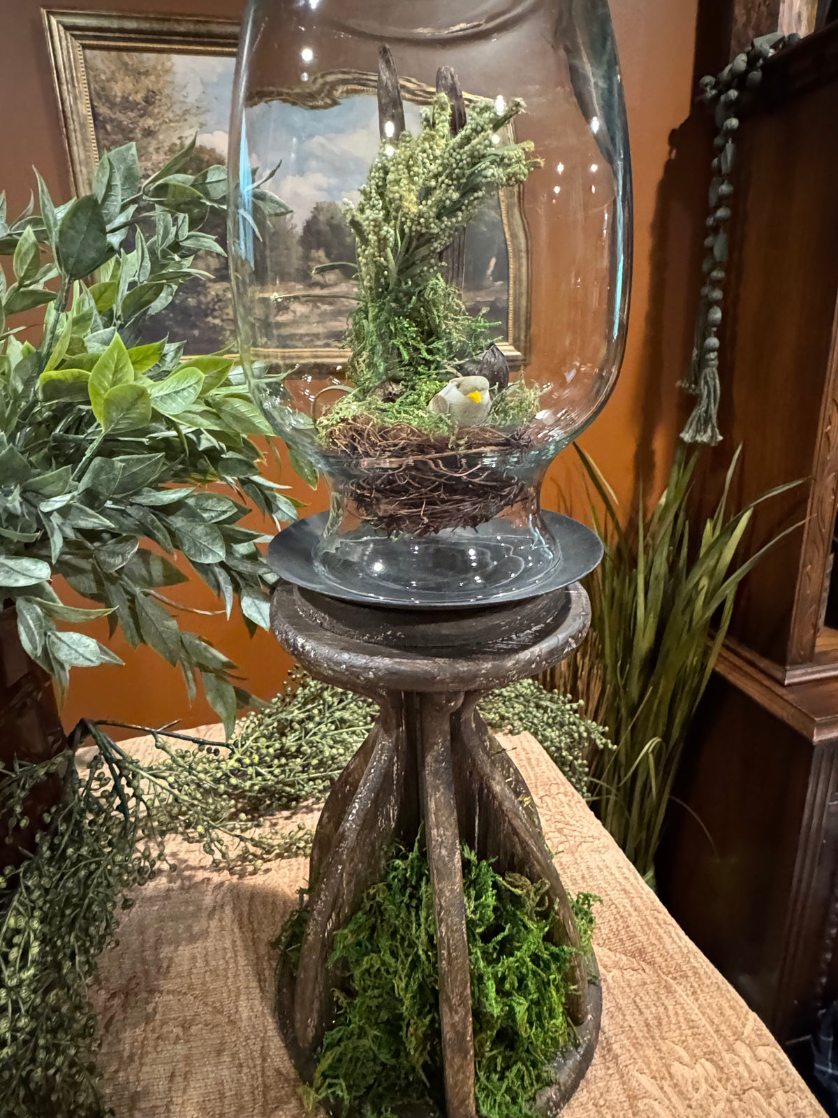 Bird Nest in Glass Dome on Pillar Candle Base | Dark Cottagecore Decor