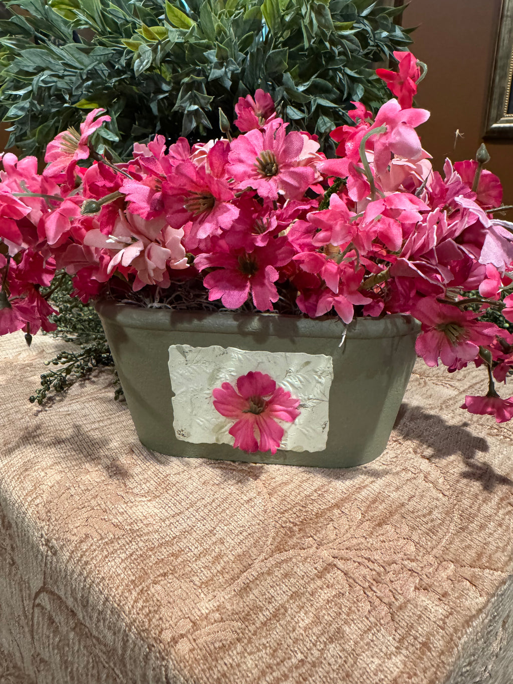 Natural Element Planter with Pink Florals | Cottagecore Garden Decor