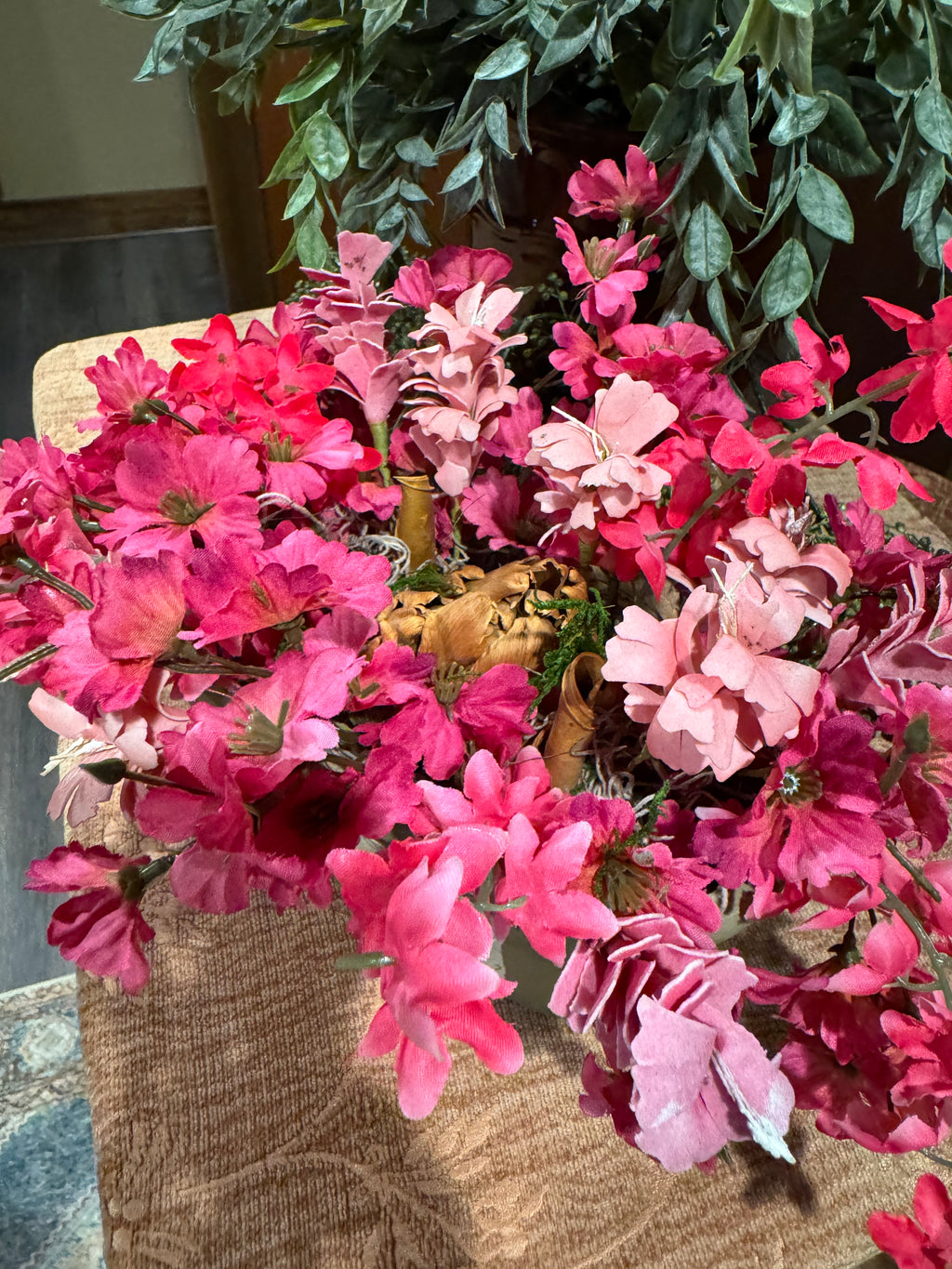 Natural Element Planter with Pink Florals | Cottagecore Garden Decor
