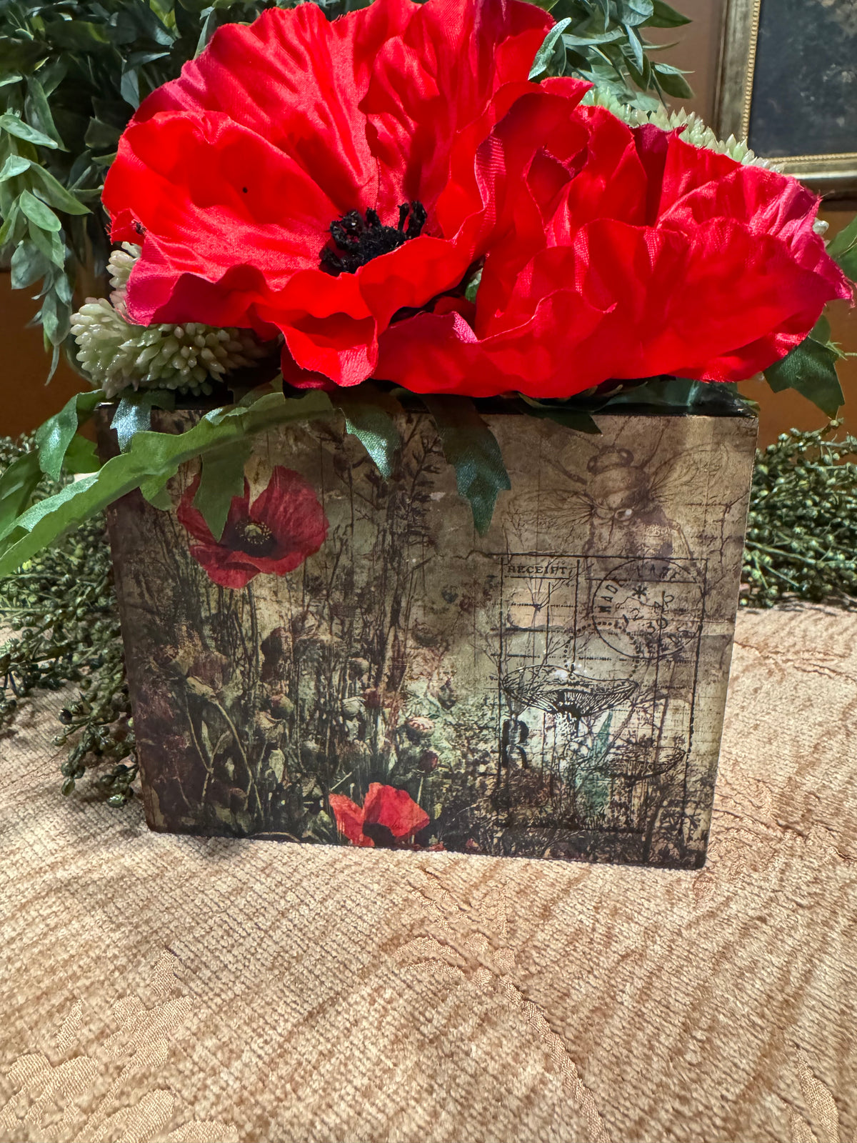 Vintage Poppy Planter with Red Florals | Cottagecore Home Decor