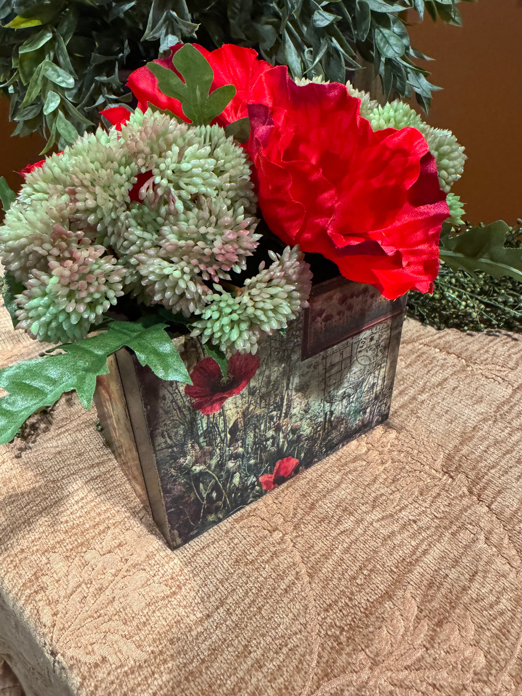 Vintage Poppy Planter with Red Florals | Cottagecore Home Decor