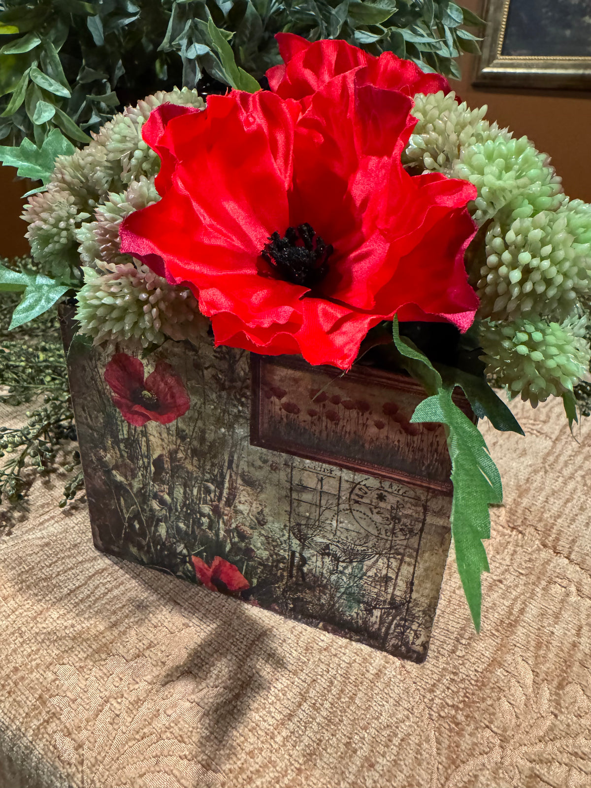 Vintage Poppy Planter with Red Florals | Cottagecore Home Decor