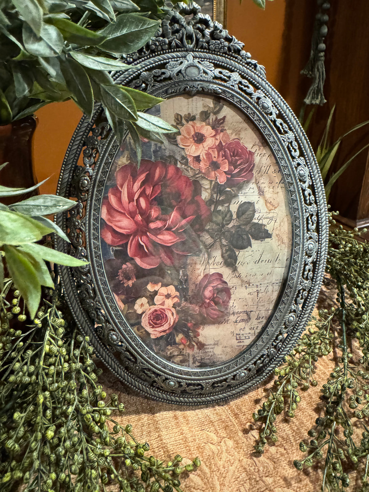 Vintage Rose Print in Silver Oval Frame | Cottagecore Vignette Decor