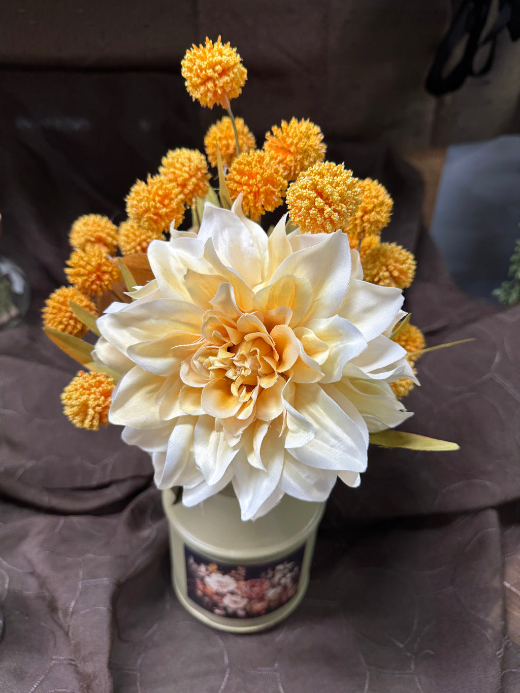 Vintage Metal Floral Container | Peach & Cream Cottagecore Decor