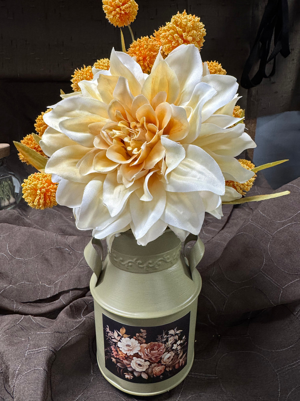 Vintage Metal Floral Container | Peach & Cream Cottagecore Decor