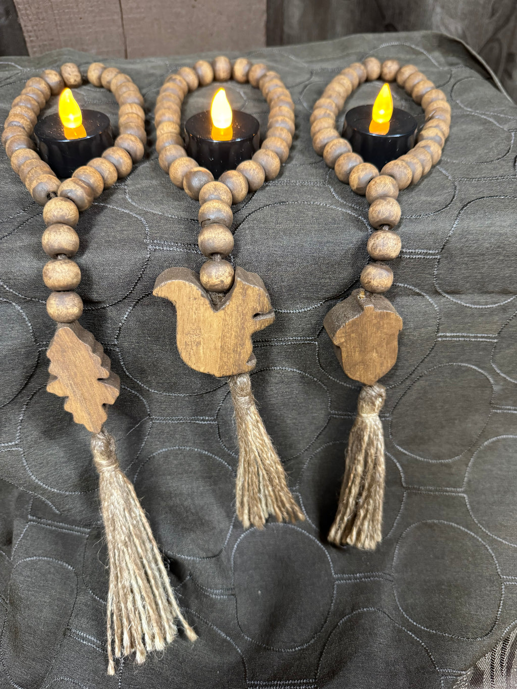 Squirrel-Acorn-Leaf wood bead tie-backs