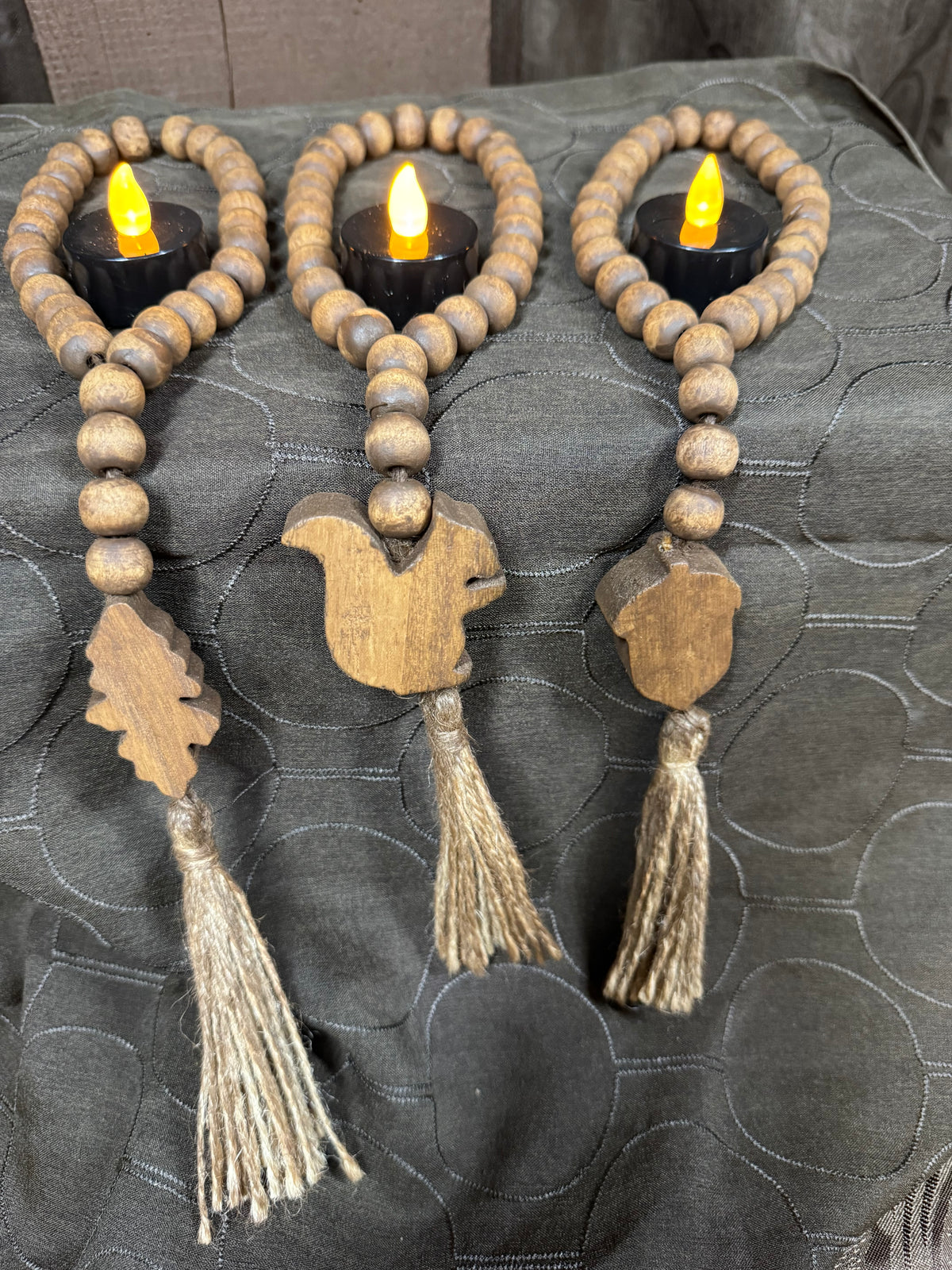 Squirrel-Acorn-Leaf wood bead tie-backs