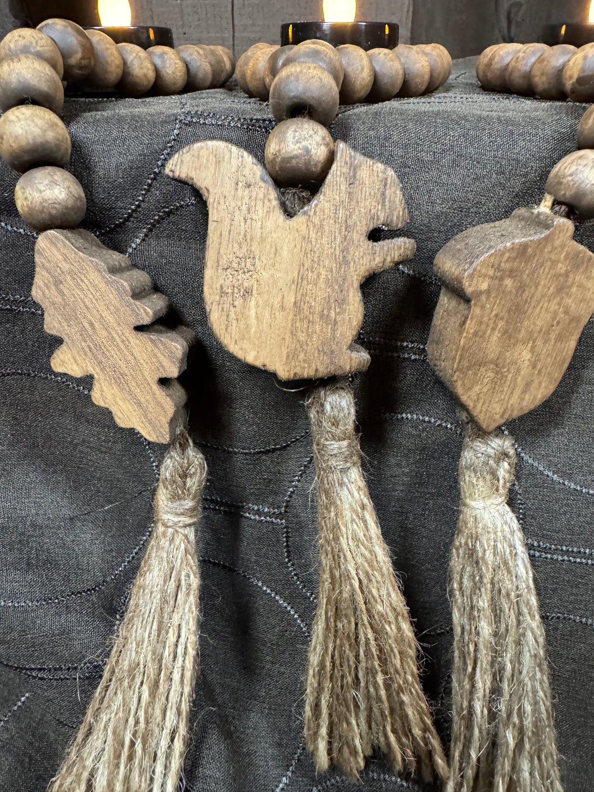 Squirrel-Acorn-Leaf wood bead tie-backs