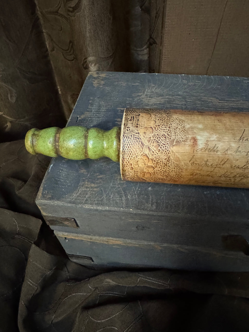 Green Rolling Pin w/floral and lace