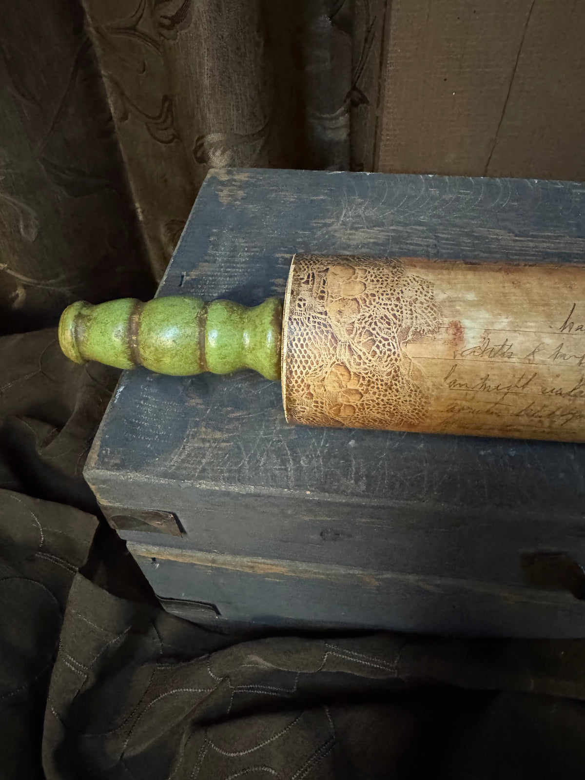 Green Rolling Pin w/floral and lace