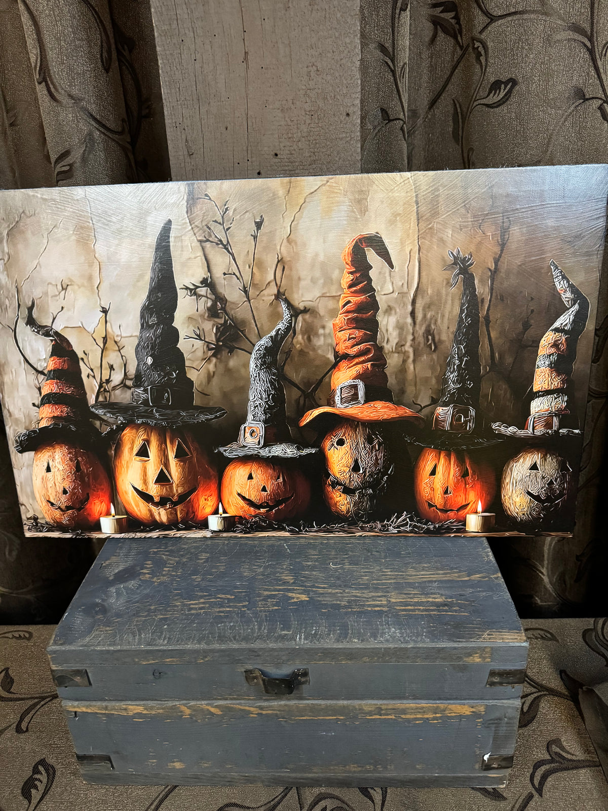 Witches Hats and Pumpkin Heads on Wood
