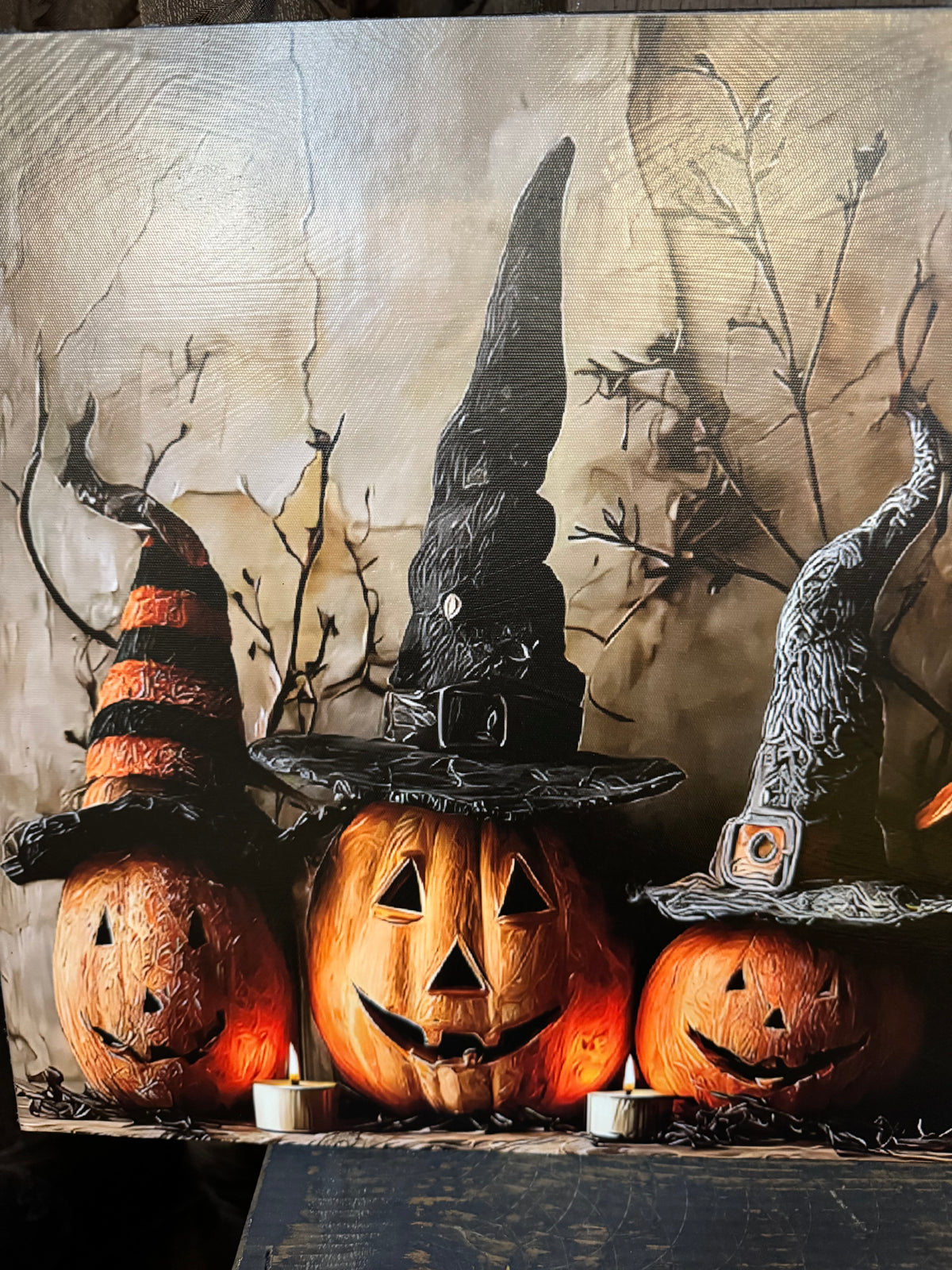 Witches Hats and Pumpkin Heads on Wood