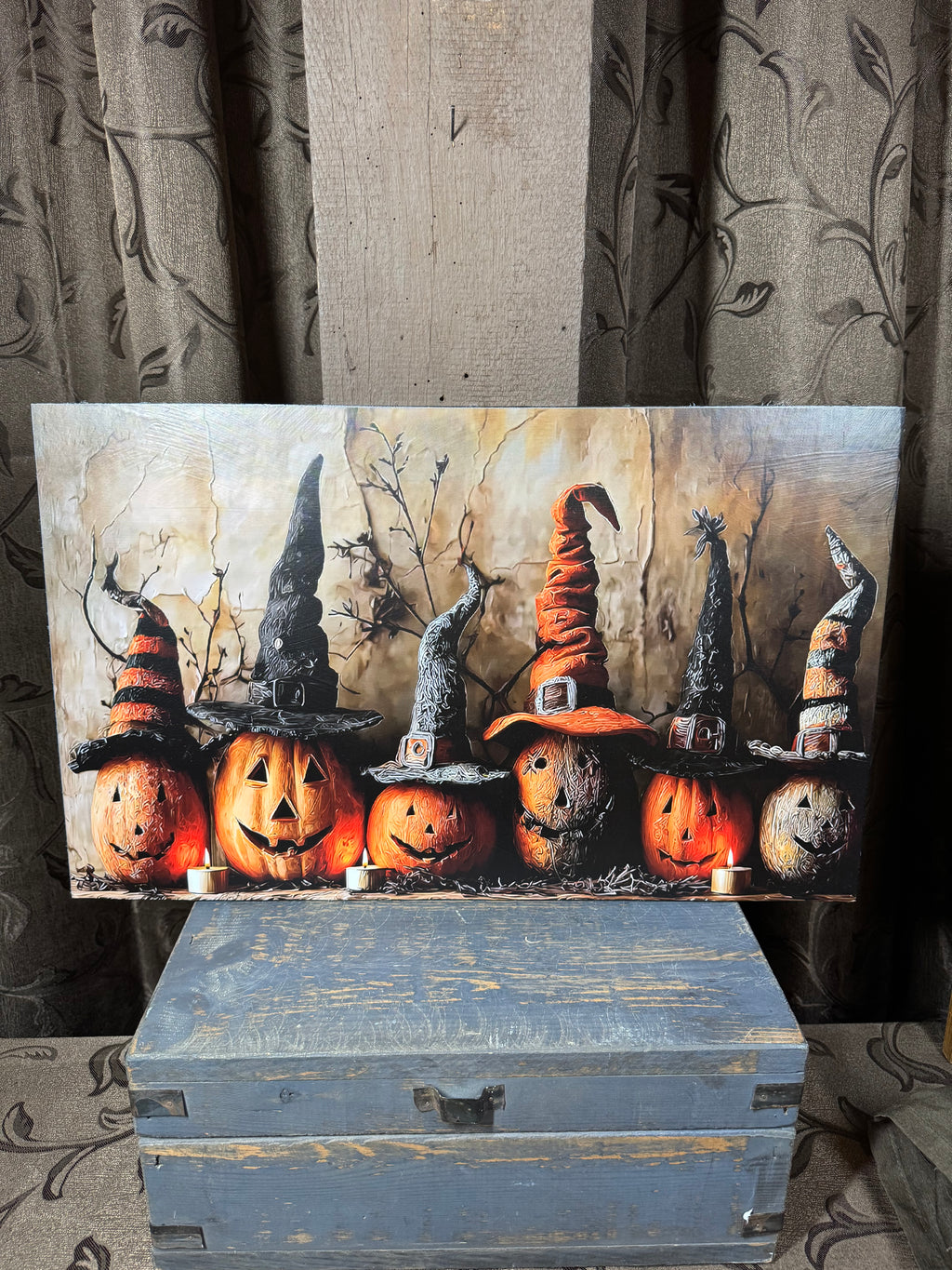 Witches Hats and Pumpkin Heads on Wood