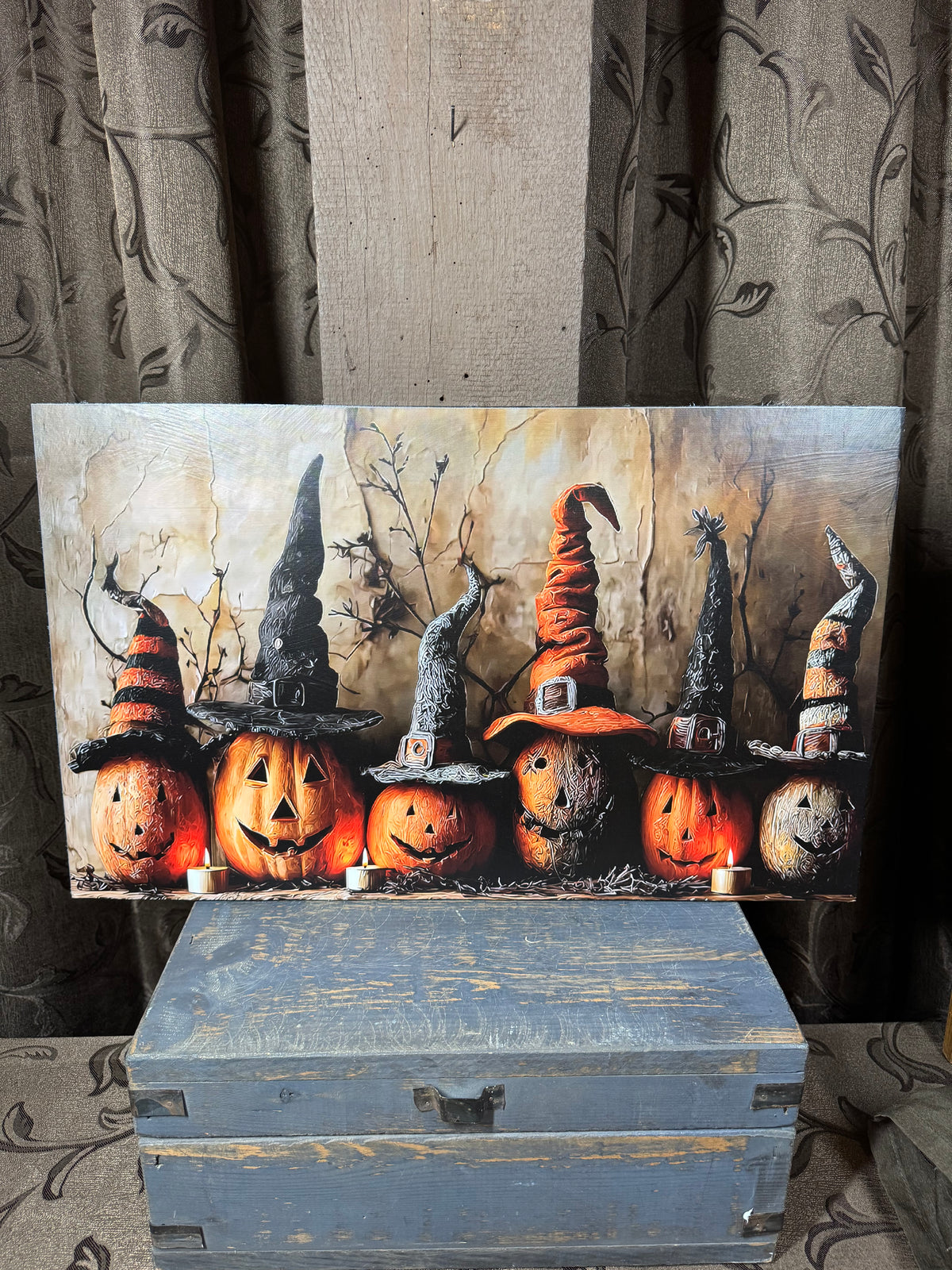 Witches Hats and Pumpkin Heads on Wood