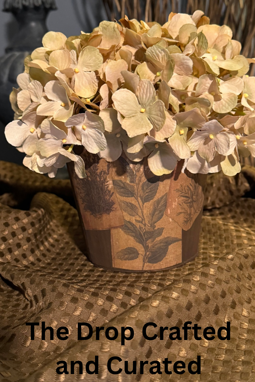 Faux Hydrangea Arrangement in Slotted Wood Pot | Cottagecore Home Decor