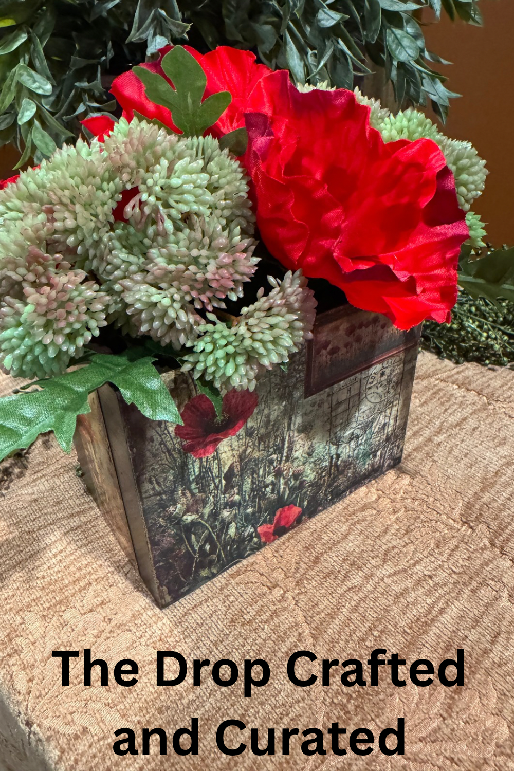 Vintage Poppy Planter with Red Florals | Cottagecore Home Decor