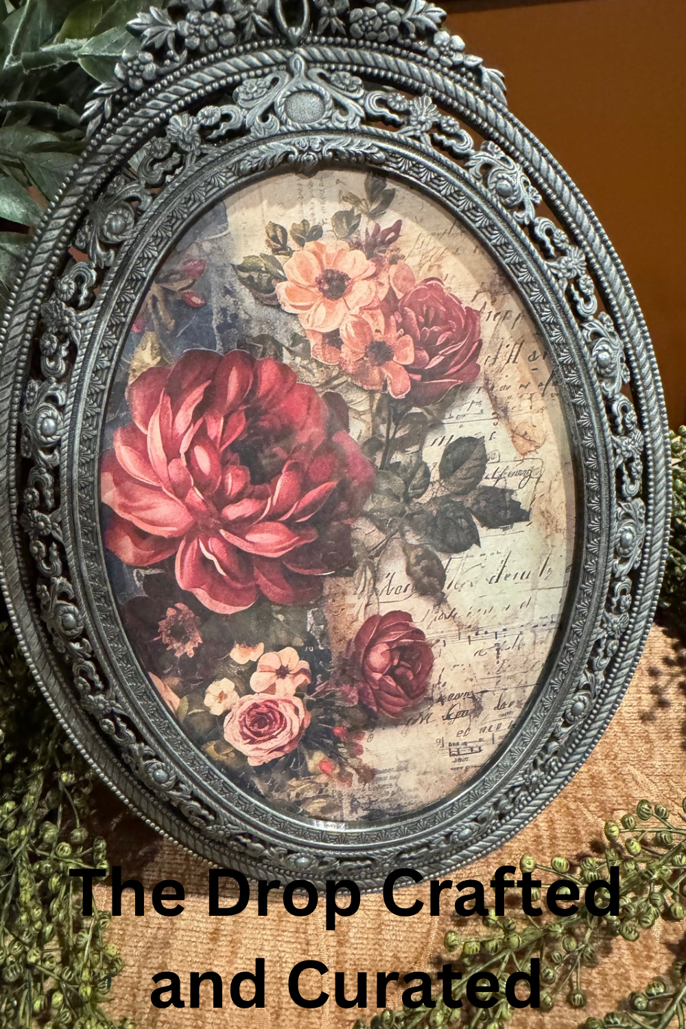 Vintage Rose Print in Silver Oval Frame | Cottagecore Vignette Decor